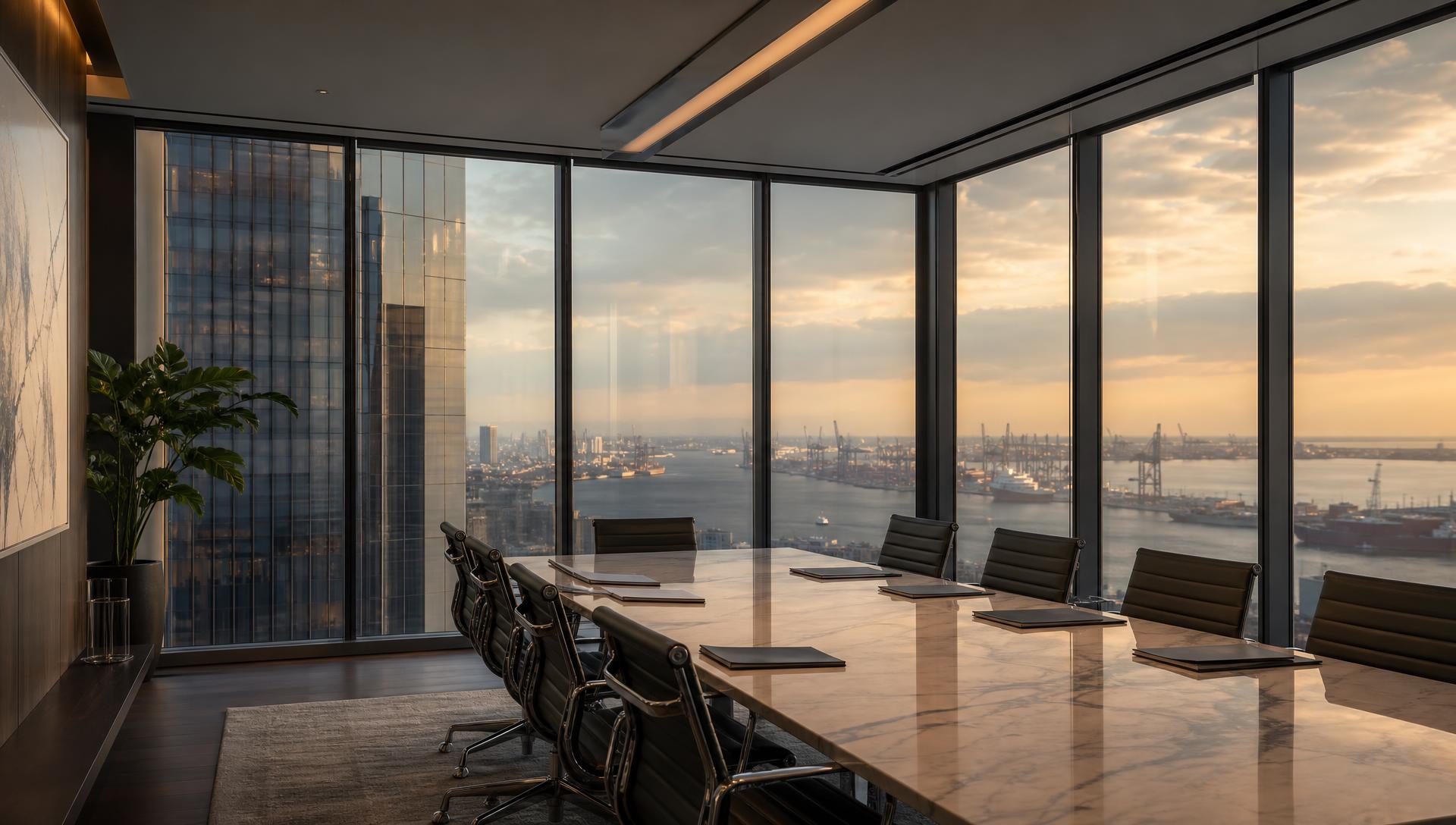 Modern executive boardroom overlooking a global city skyline and container port at dusk